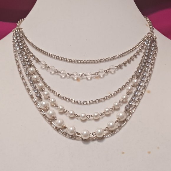 Hand Crafted Multi Strand Silver Tone with Beads and Rhinestone Fashion Necklace - Picture 2 of 9